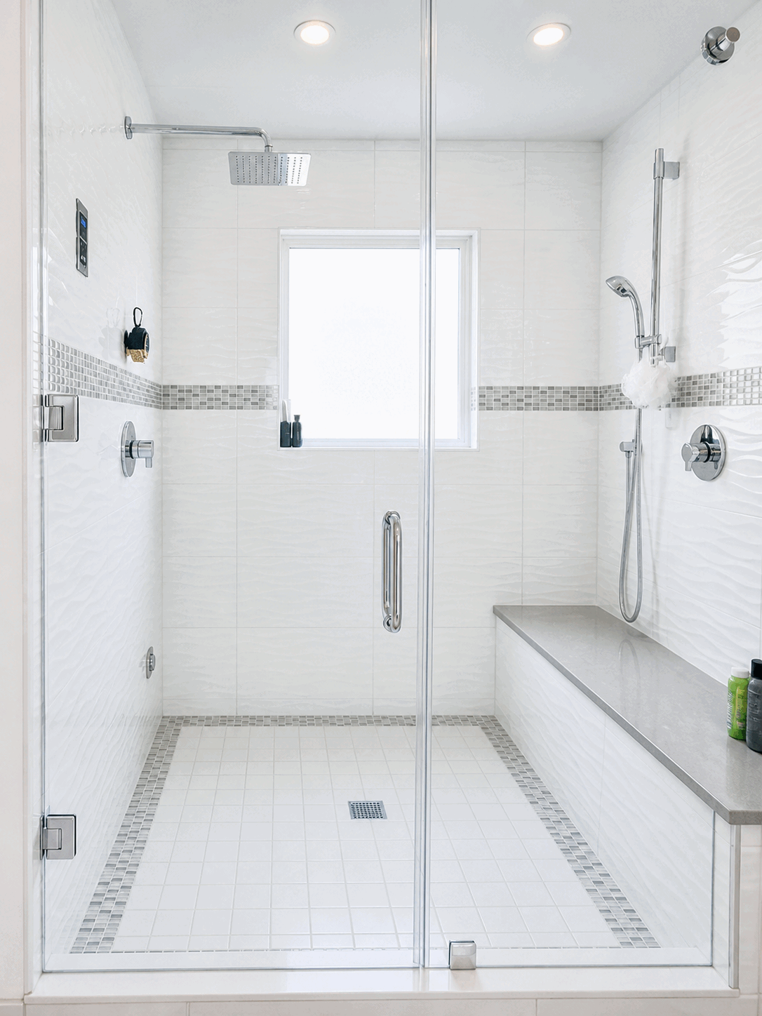 Polished glass shower and tile after a professional deep cleaning