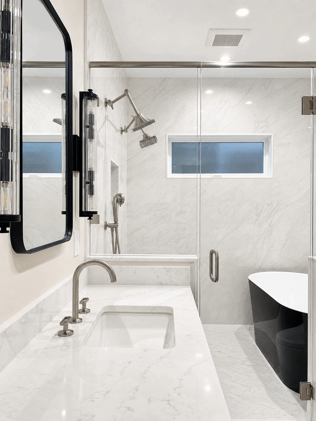Detailed marble bathroom cleaned by Natallia's Cleaning Services